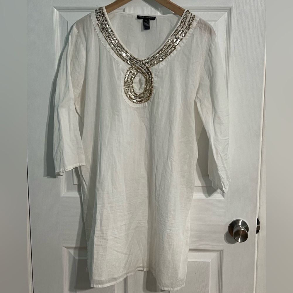Club Z Collection Tunic Size Medium White Embellished Top 
Coverup 100% Cotton